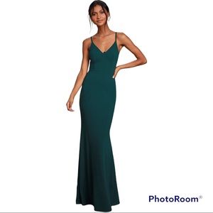 LULU’S.  Moments Of Bliss Forest Green Backless Mermaid Maxi Dress